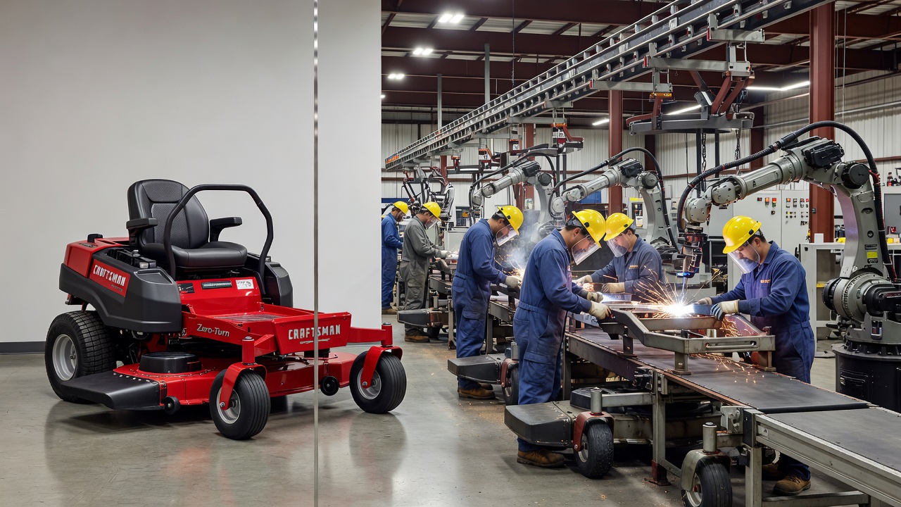 Side-by-side comparison of a branded Craftsman zero-turn mower and the MTD factory floor where it is built.