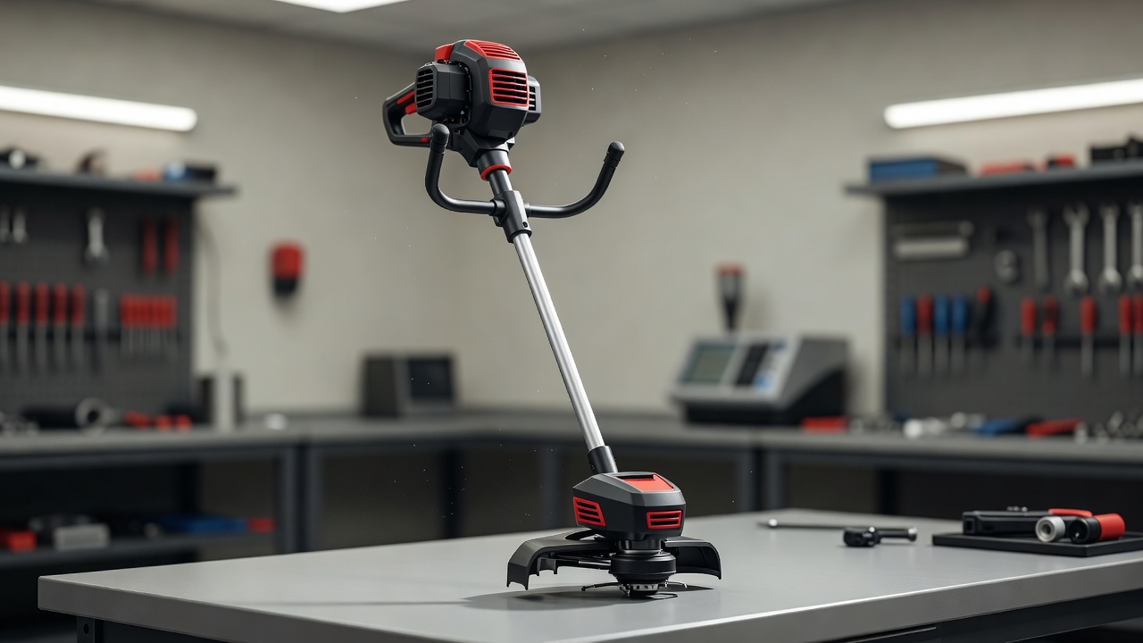 A string trimmer displayed on a workshop bench.