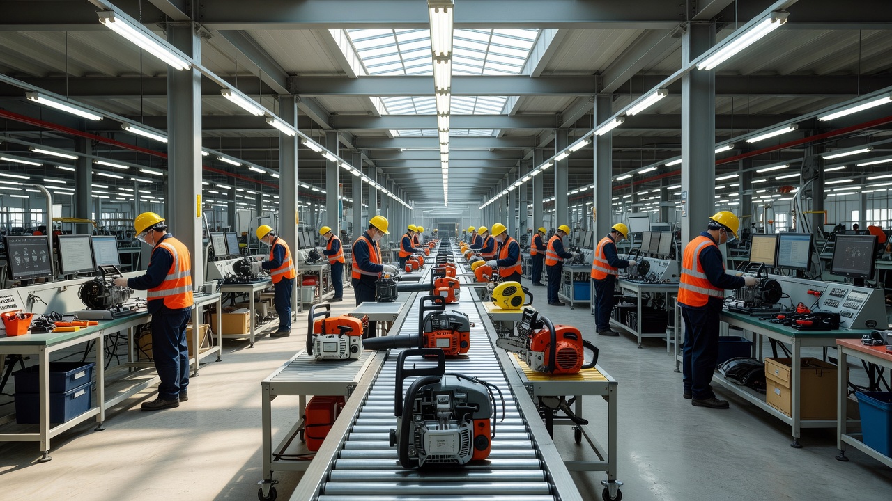 Who Makes Power Smart Snow Throwers? Brand Owner & Manufacturing Guide Modern outdoor power equipment factory assembly line in Asia