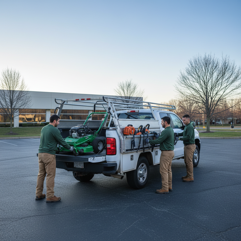 Landscapers loading commercial outdoor equipment onto a work truck at dawn.