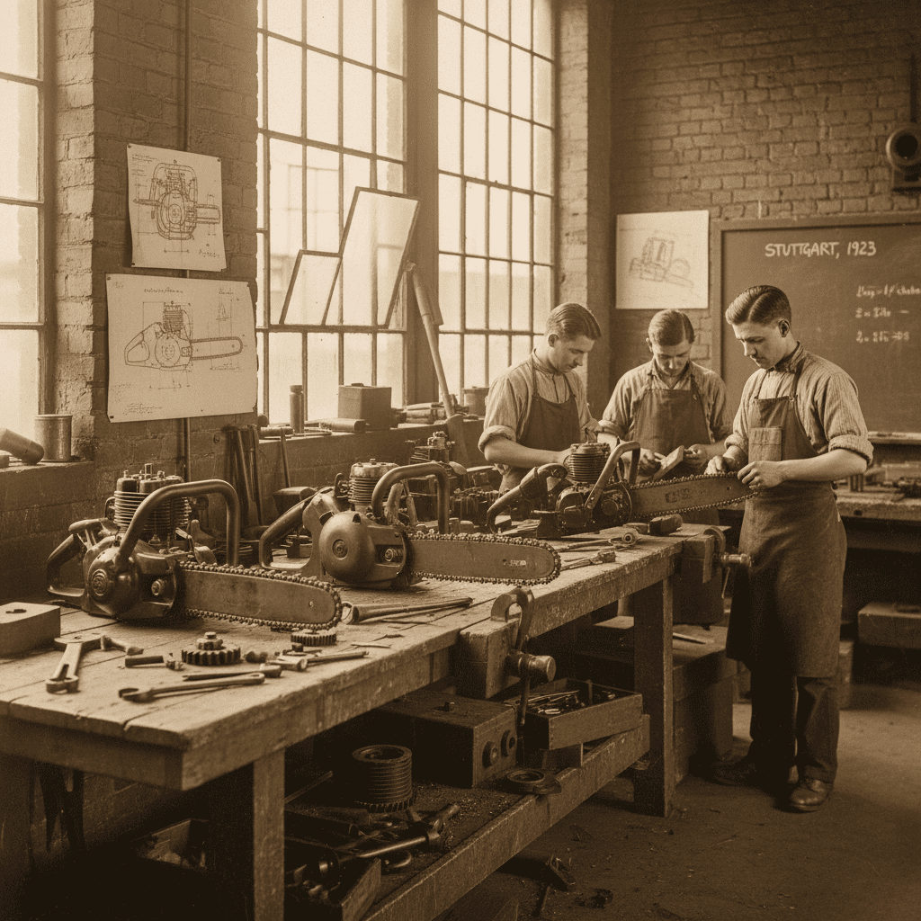 1920s Stuttgart workshop with early chainsaw prototypes and engineering equipment