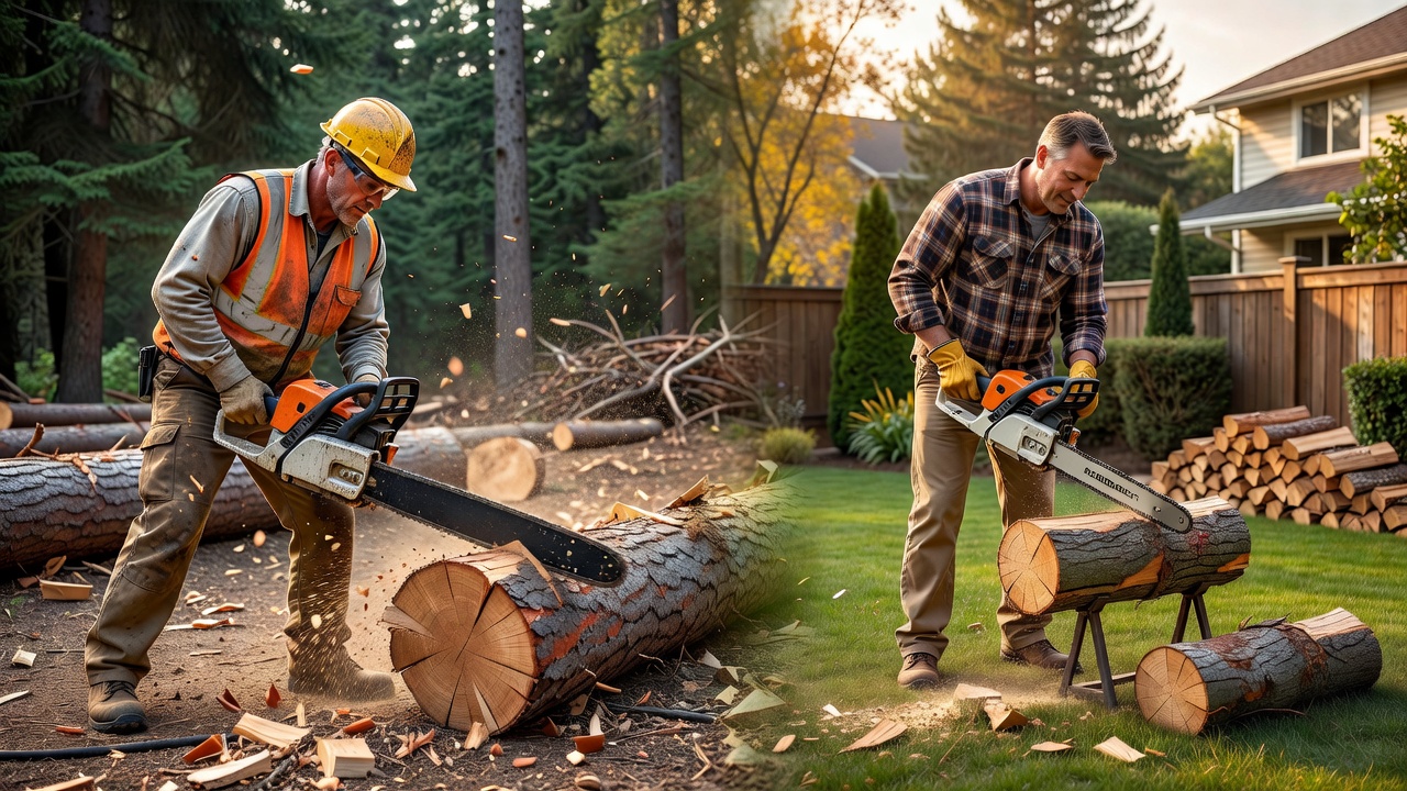 Professional logger in forest versus homeowner in residential yard, showing different chainsaw use contexts