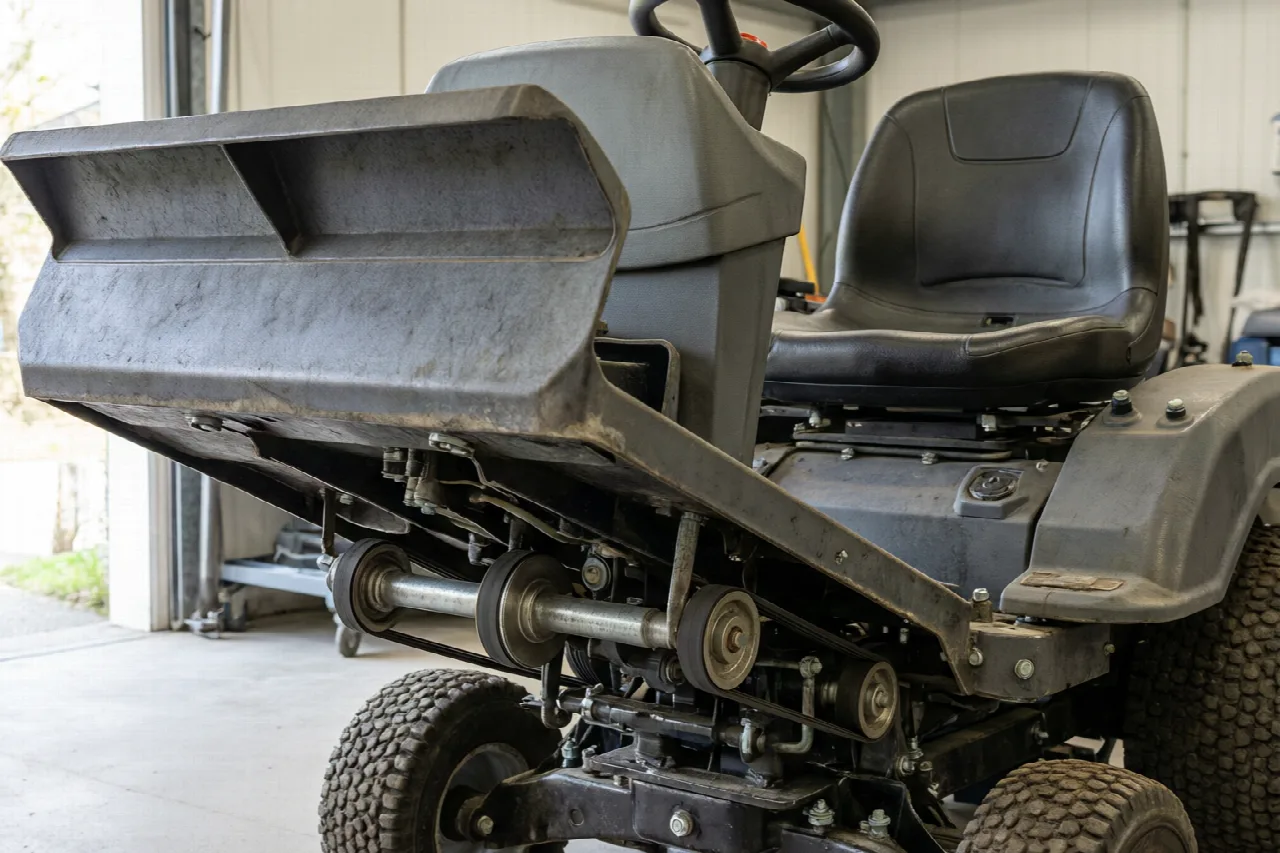 Raised commercial mower deck showing heavy construction and service access