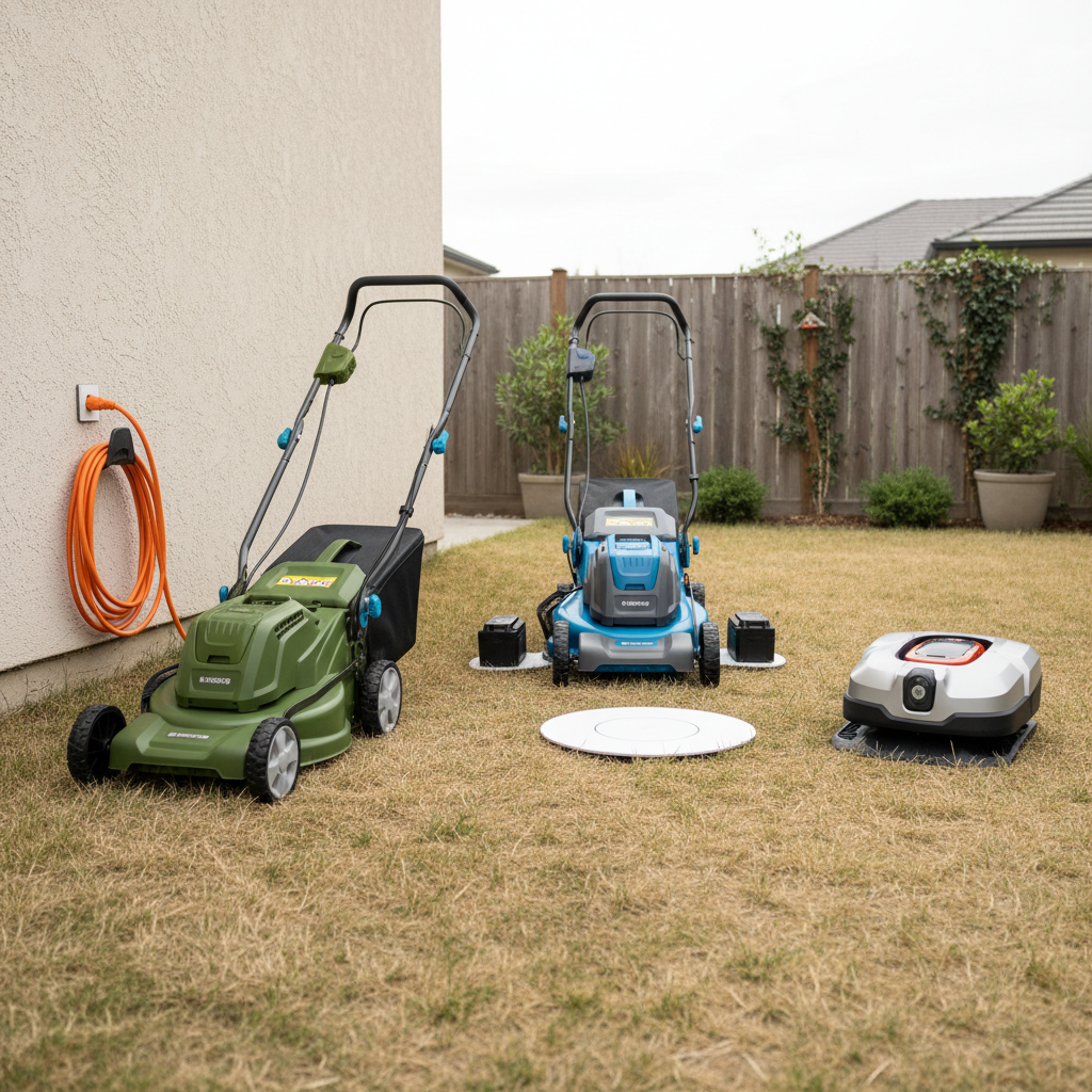Corded, battery, and robotic electric mowers parked on a residential lawn