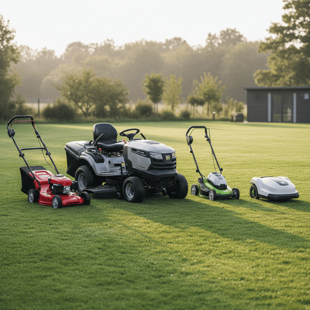 Four different types of lawn mowers arranged in a row on a freshly cut lawn, illustrating brand and model variety
