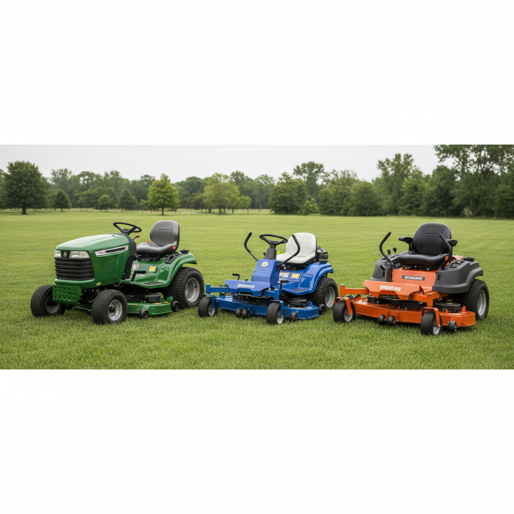 Three generic riding mowers on grass: a lawn tractor, a rear-engine rider, and a zero-turn.