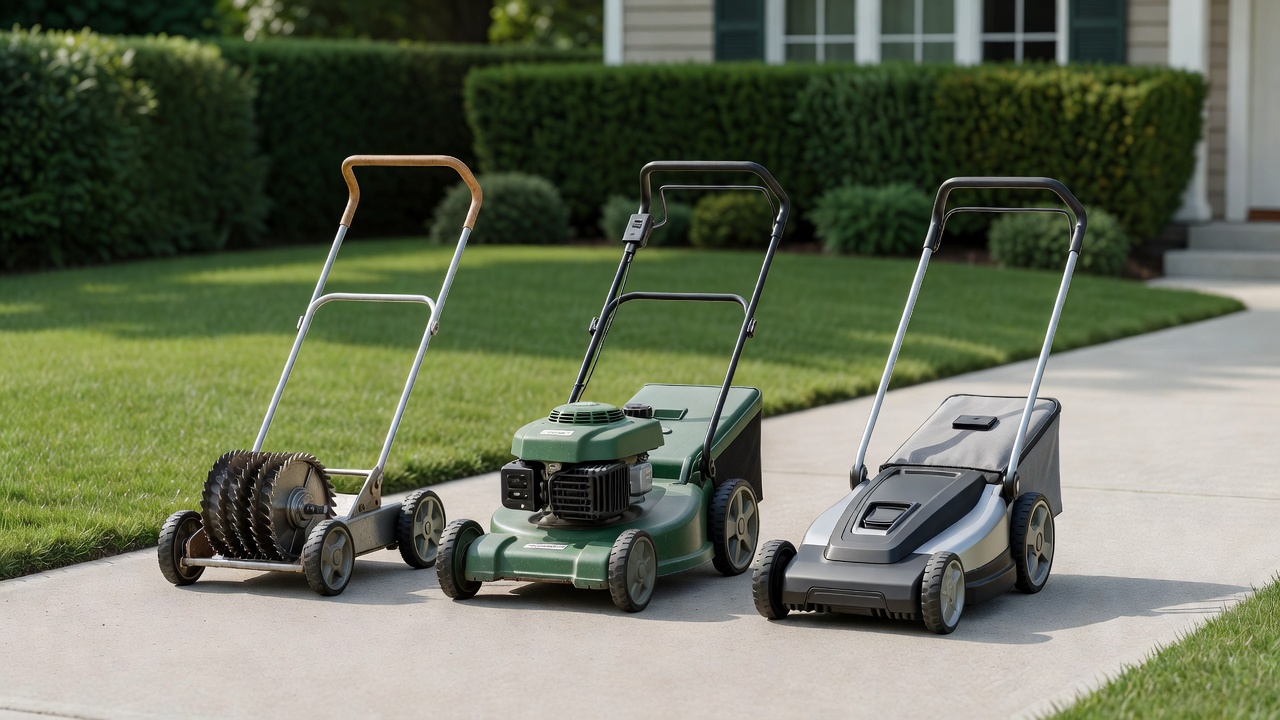 Reel, gas, and battery push mowers lined up on a driveway.