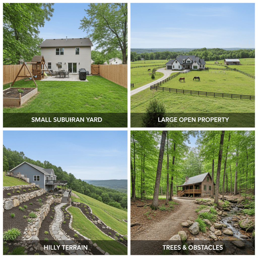 Four different residential lawn scenarios representing various property sizes and terrain types