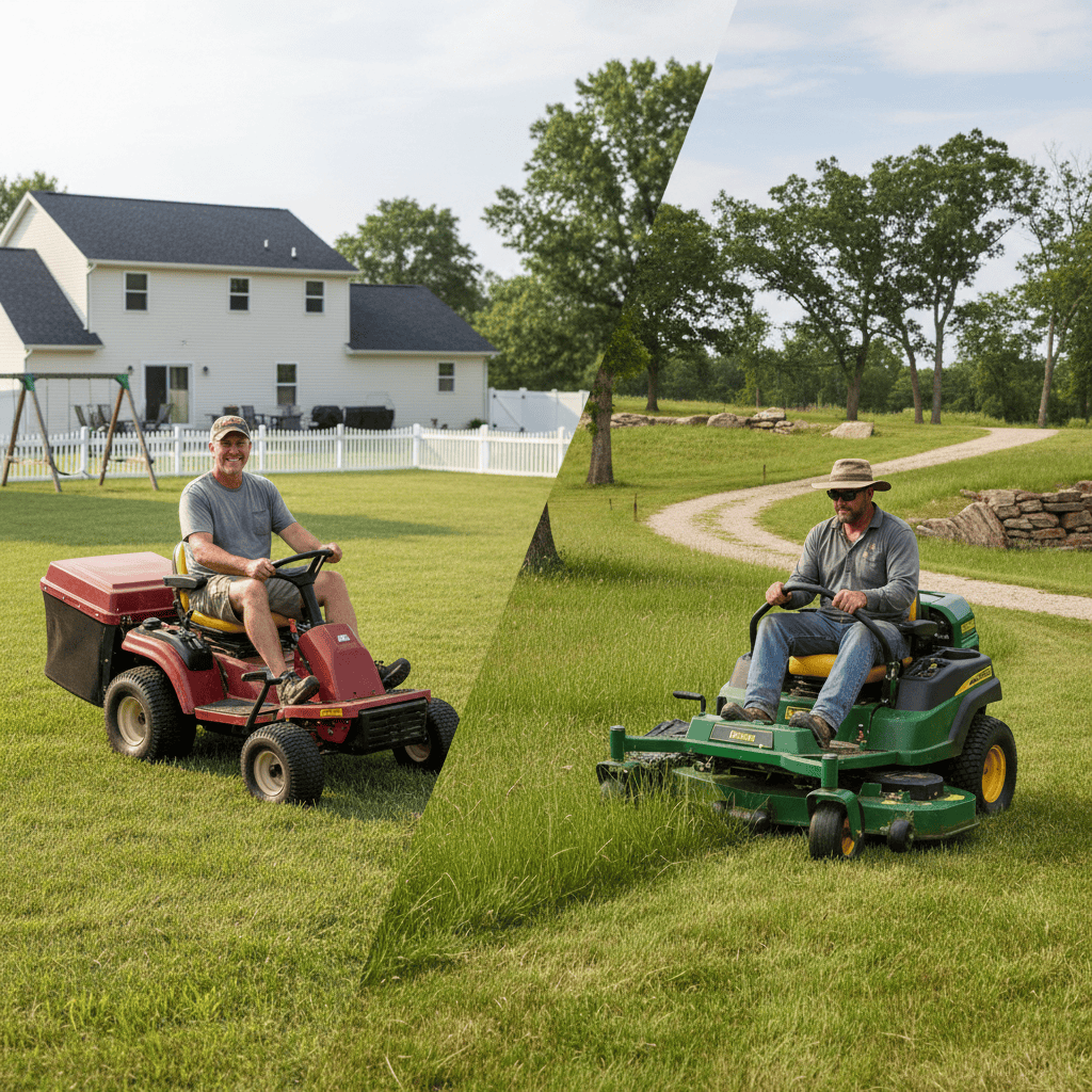 Visual comparison of a small flat yard with a lawn tractor versus a large hilly property with a zero-turn mower.