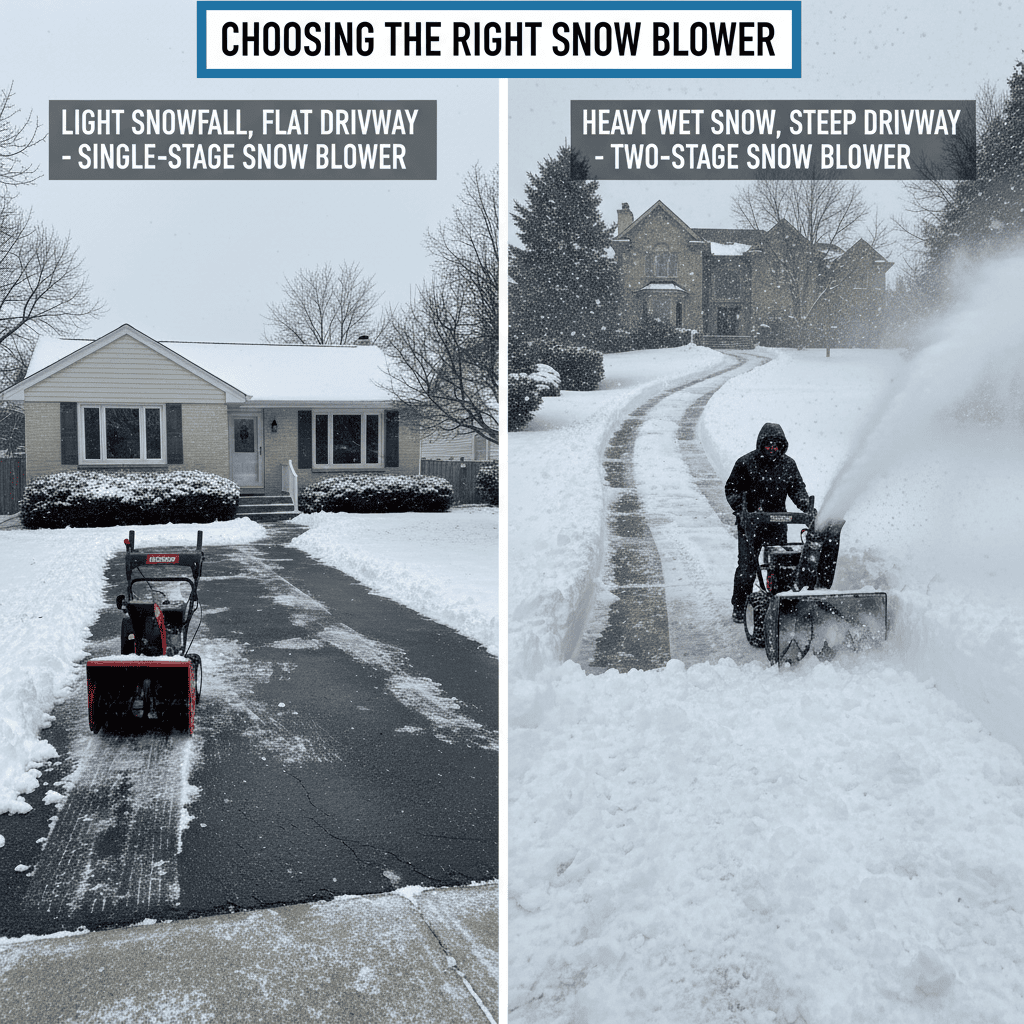 Who Makes the Best Snow Blowers? (Top Manufacturers & Key Factors) A split-image comparison of a small driveway with light snow versus a large, steep driveway with heavy snow, illustrating varying snow removal needs.
