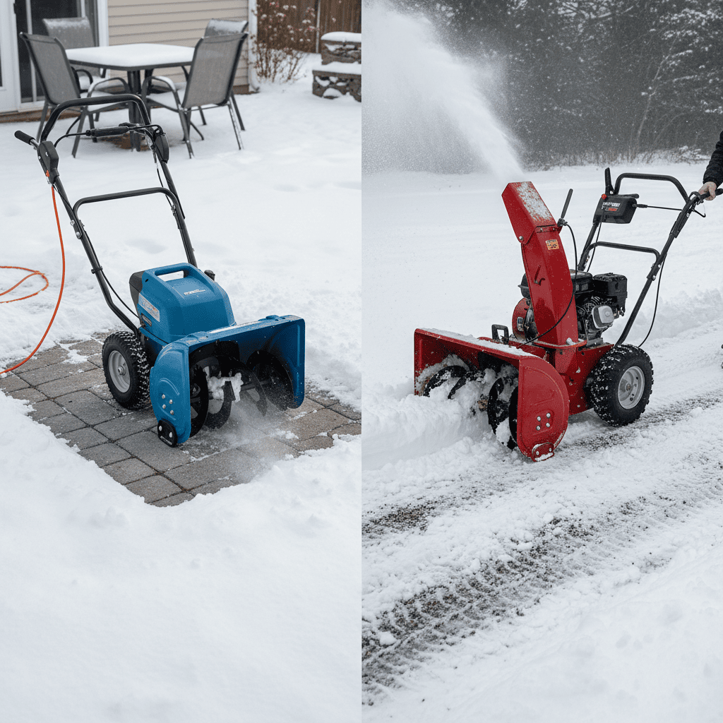 A visual comparison between a small electric snow thrower for light snow and a large gas snow thrower for heavy snow.
