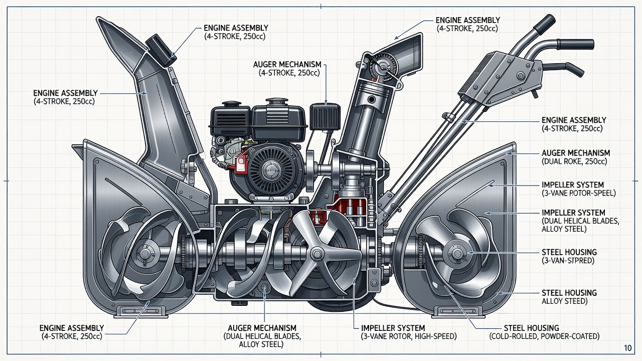 Snowblower internal components and engineering cross-section