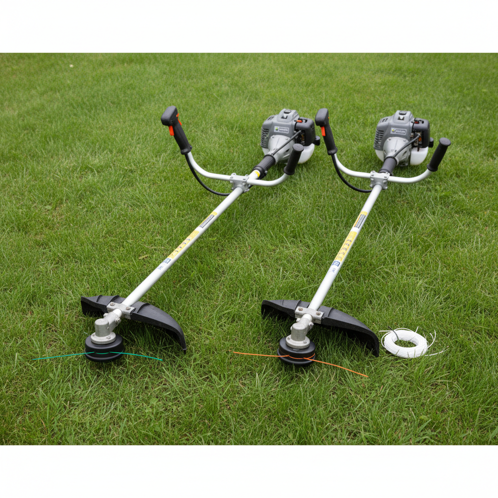 Straight-shaft and curved-shaft generic trimmers on a lawn with a coil of spare line.