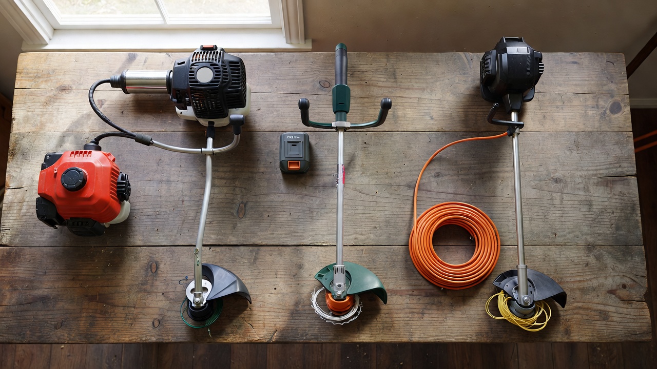 Who Makes the Best Weed Eater? (Complete Buyer Guide) Three types of weed eaters laid out side by side — gas, battery, and corded — on a wooden workbench