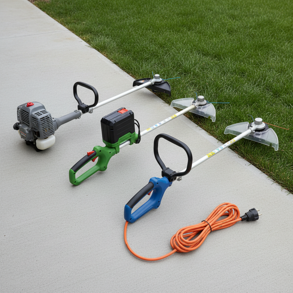 Who Makes the Best Weed Trimmer? How to Judge Manufacturers Gas, battery, and corded string trimmers resting side by side on a patio