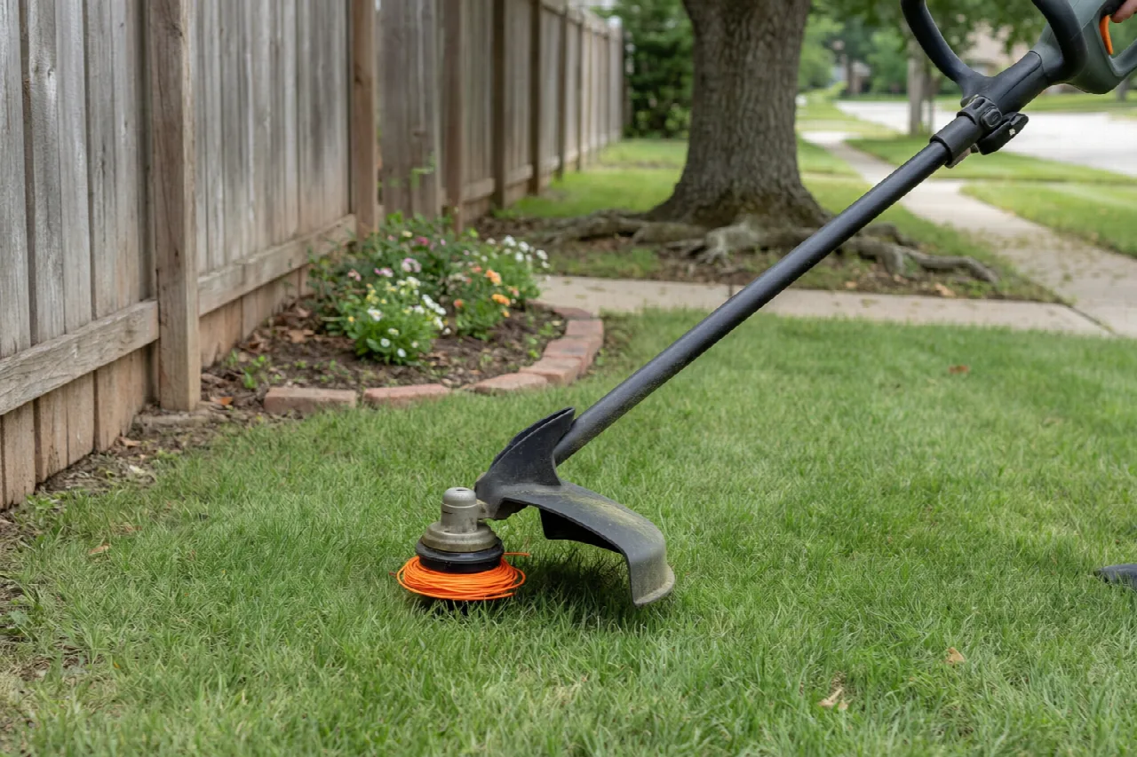 Generic string trimmer held along a fence line and garden bed edge