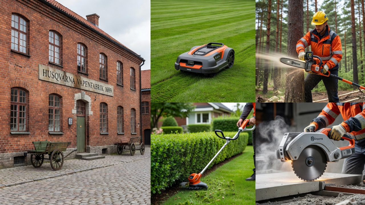 Who Owns and Runs Husqvarna? (Ownership Structure & Leadership Guide) Historic Husqvarna factory building alongside modern outdoor power equipment in use