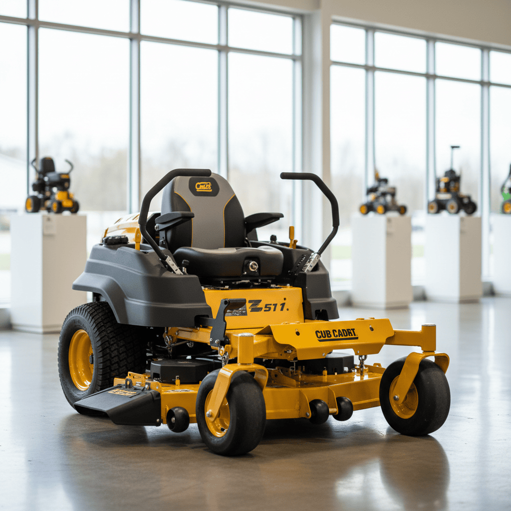 A Cub Cadet lawn mower on display in a retail store.