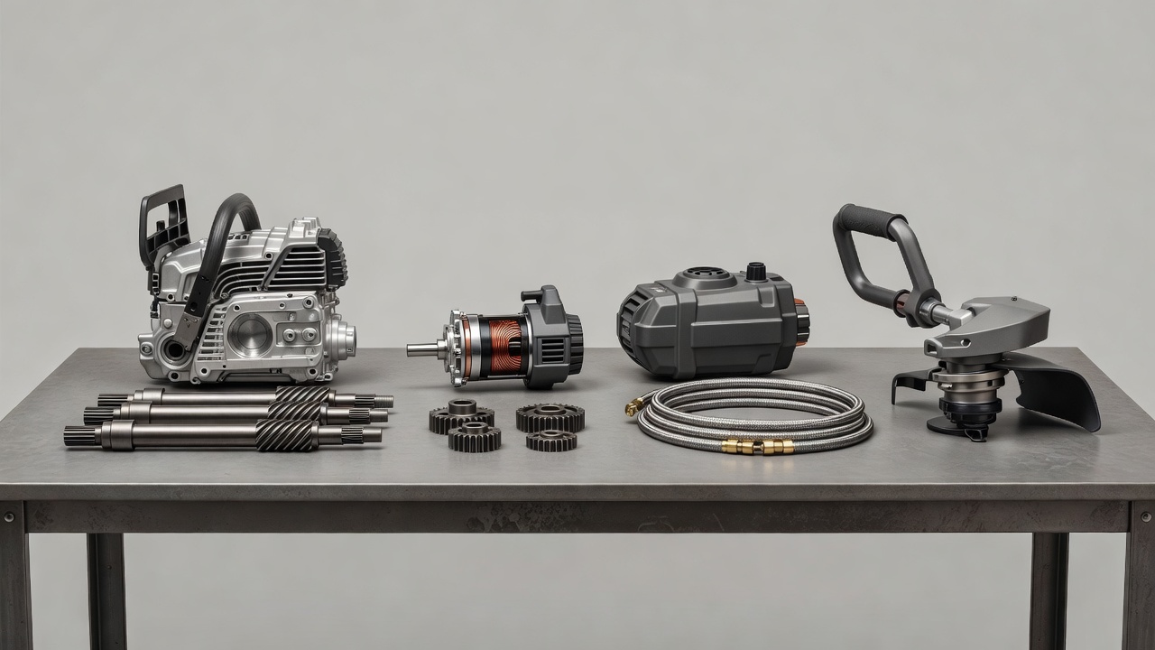 Mechanical parts and components of lawn care equipment arranged on a workbench.