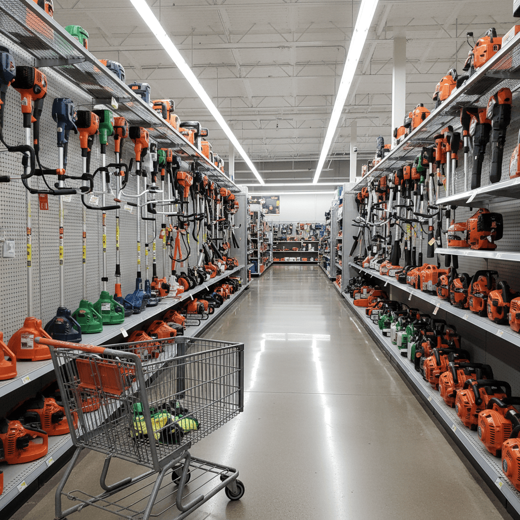 Home improvement store aisle stocked with outdoor power equipment including string trimmers