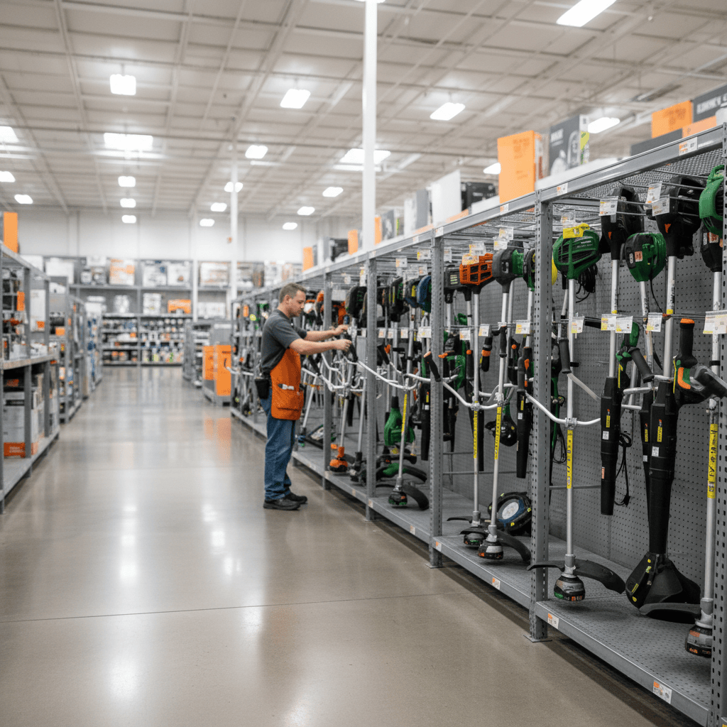 String trimmers displayed on racks in a home improvement store aisle
