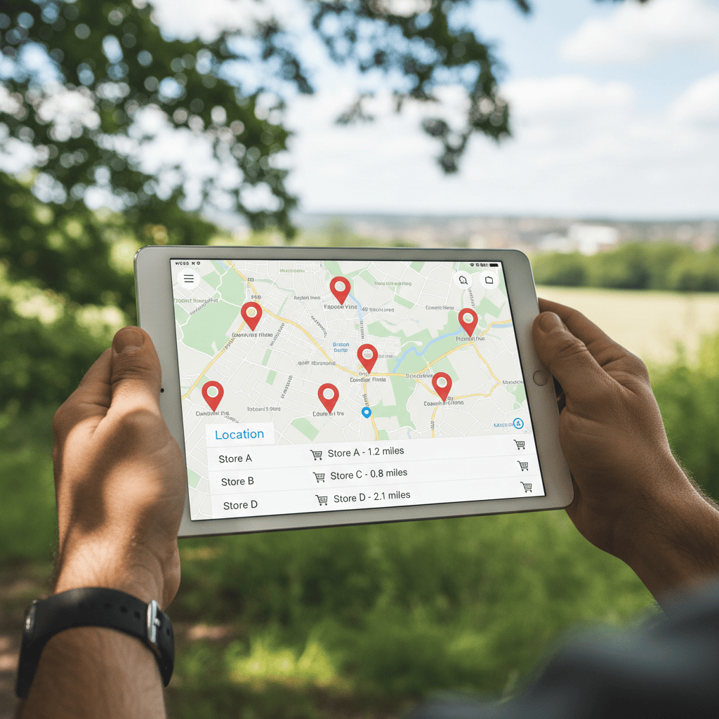Smartphone showing a dealer locator map with location pins