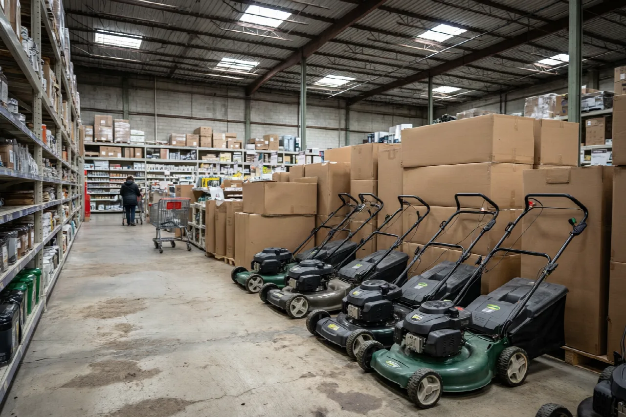 Who Sells Lawn Mowers? Common Retailers, Dealers, and Other Places to Buy Walk-behind lawn mowers lined up in a spacious home-improvement store aisle