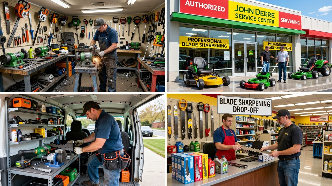 Four different types of lawn mower blade sharpening service providers in their work environments
