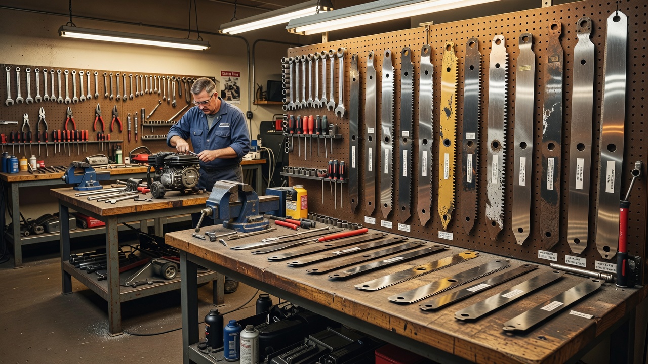 Professional small engine repair shop interior with workbenches and mower blades