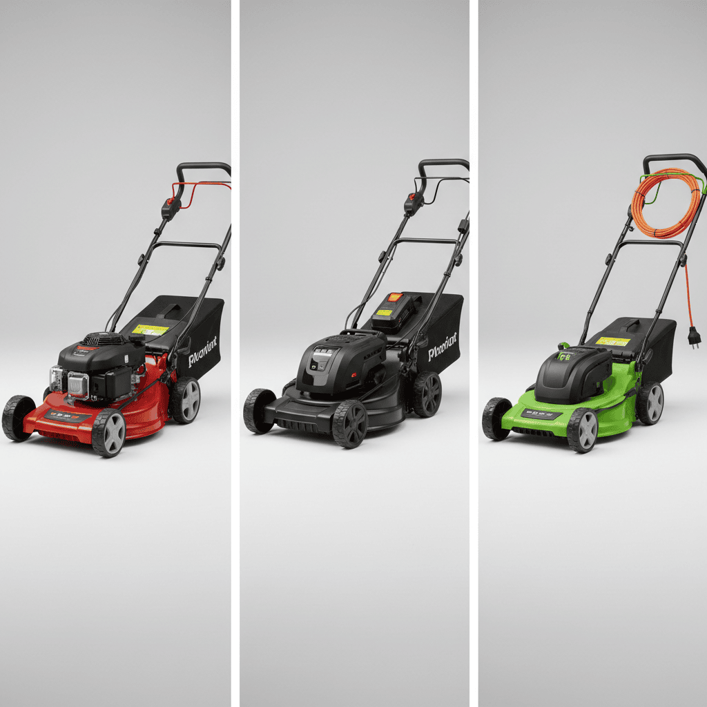 Three types of lawn mowers displayed for comparison: gas, cordless electric, and corded electric