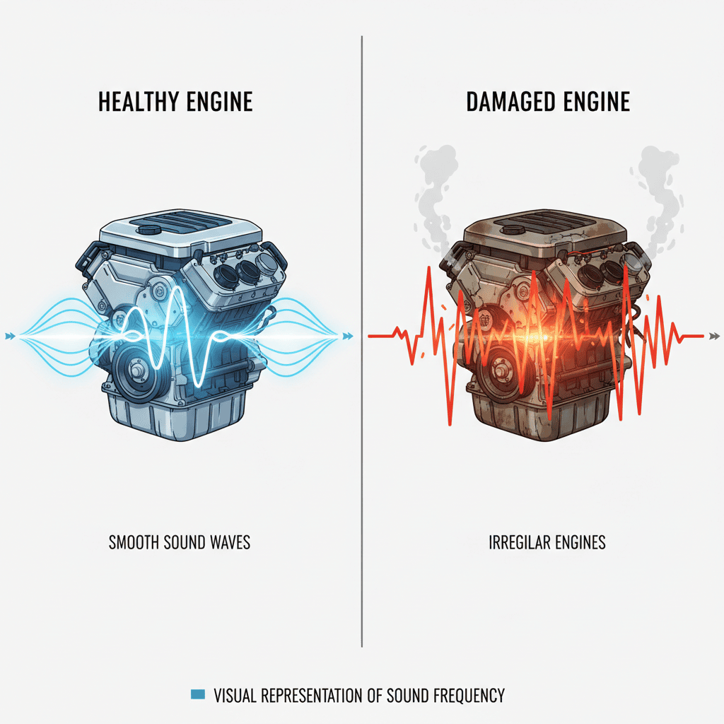 Comparison of normal engine sound waves versus irregular lawn mower-like sound patterns