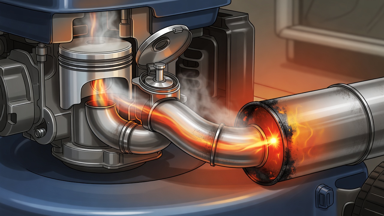 Cutaway engine diagram showing exhaust path where backfiring occurs