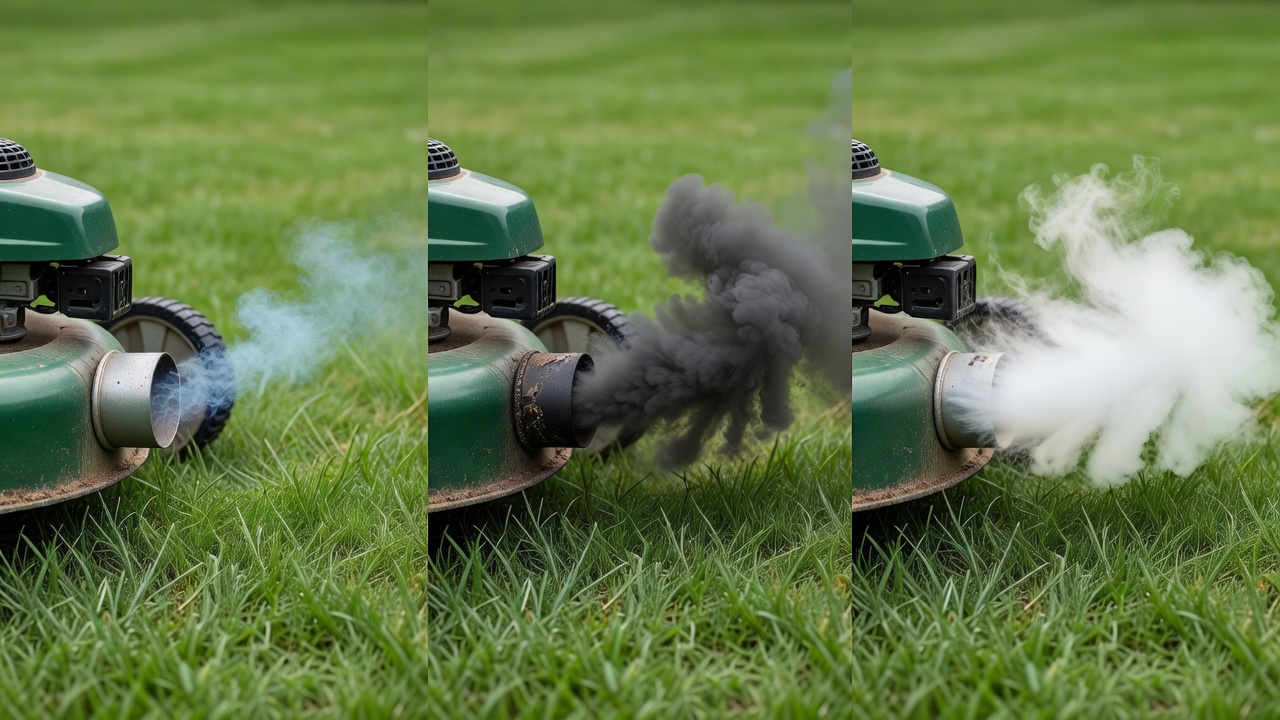 Three examples of lawn mower exhaust smoke in blue-gray, black, and white colors.