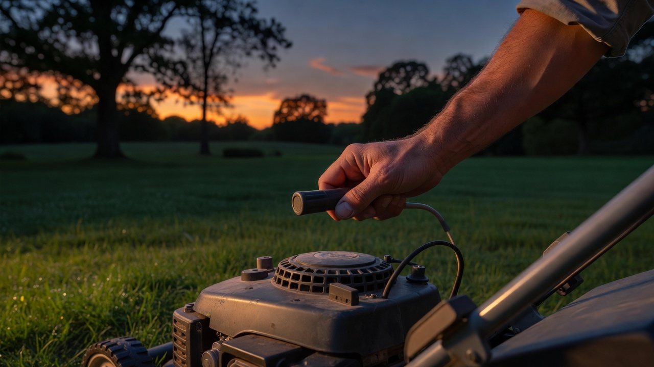 Hand moving a lawn mower throttle lever to the stop position at dusk.