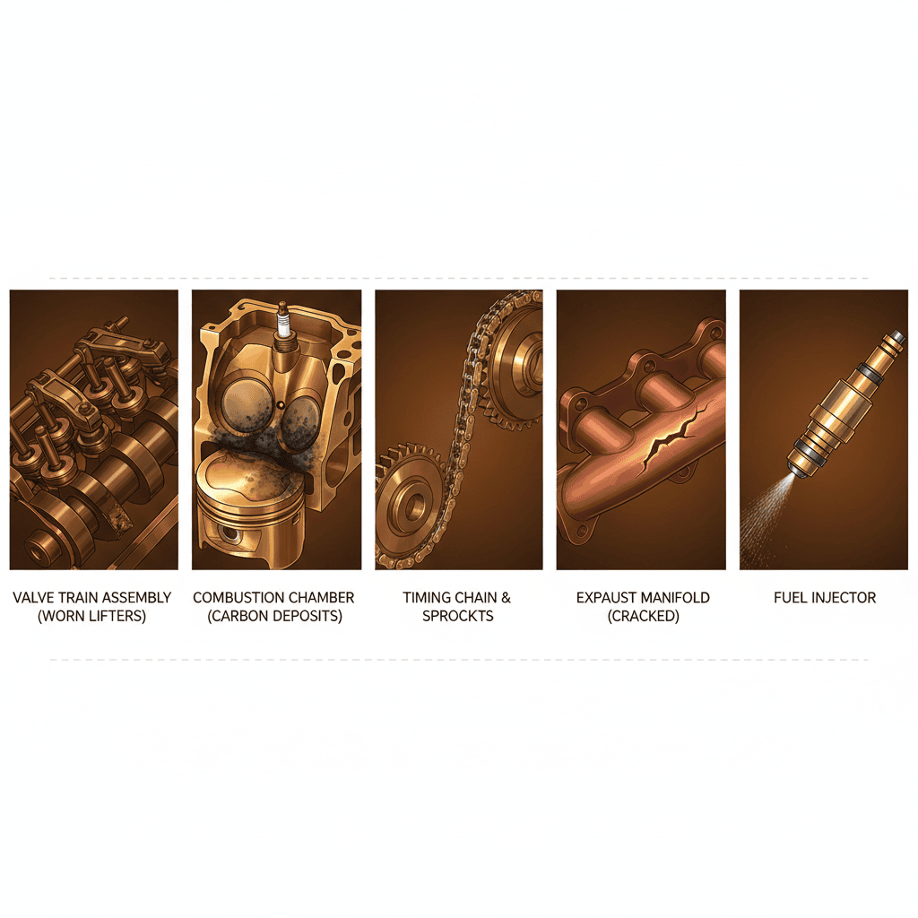 Visual comparison of five common engine problems: valve train wear, carbon buildup, timing chain slack, exhaust leak, and fuel issues