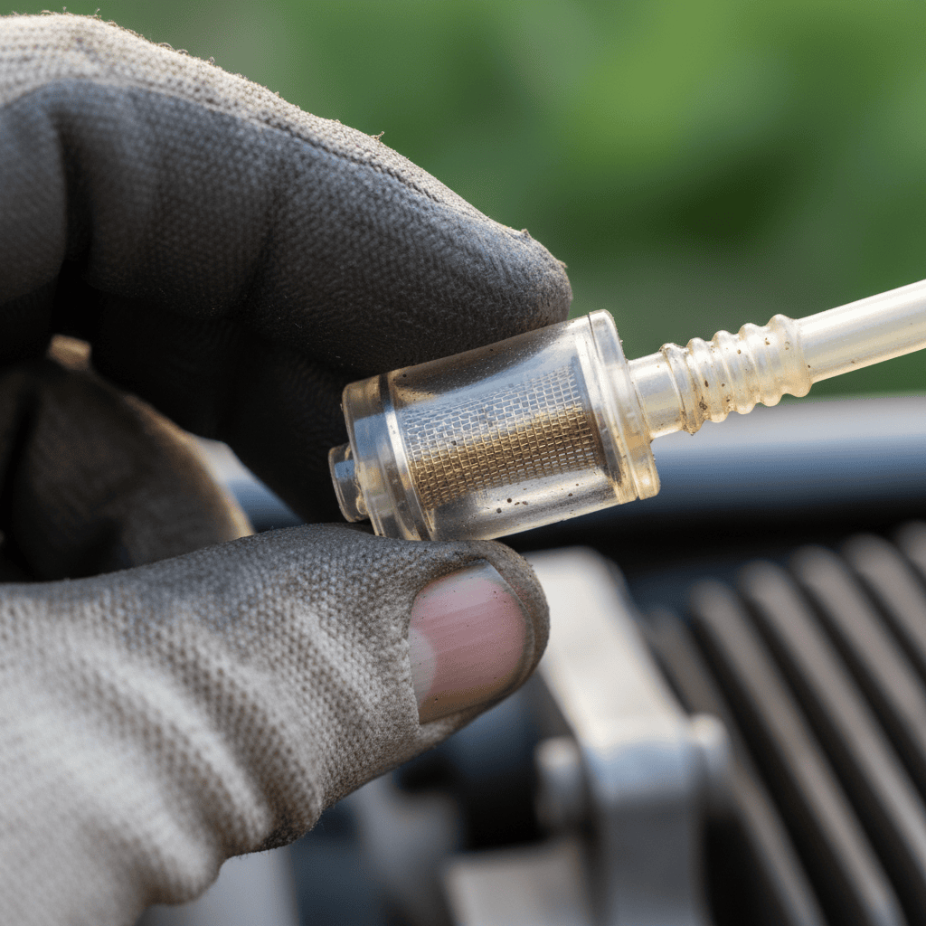 Hand holding a lawn mower fuel filter for inspection, showing the internal mesh.