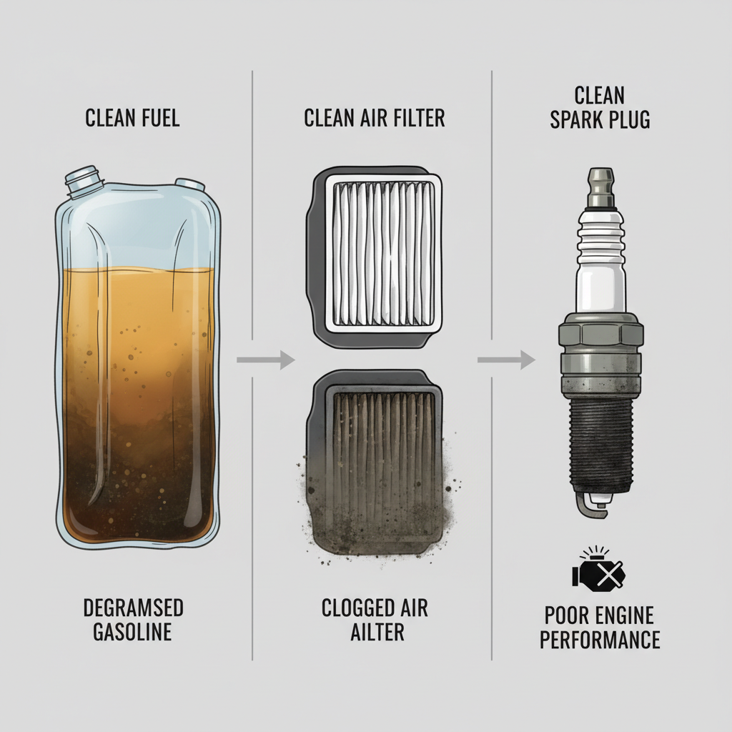 Visual comparison of three lawn mower problems: stale fuel, clogged filter, and fouled spark plug