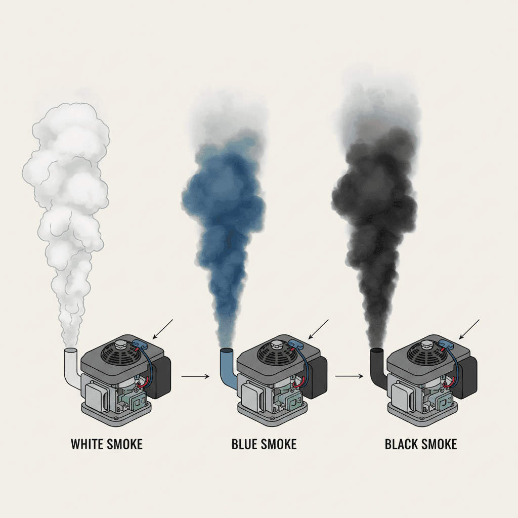 Three lawn mowers displaying white, blue, and black smoke emissions to show different engine problems