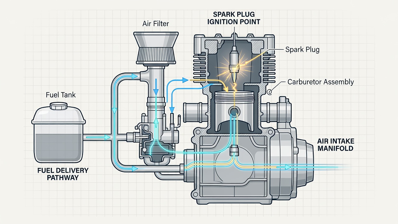 Engine cutaway diagram showing fuel delivery, air intake, and ignition systems