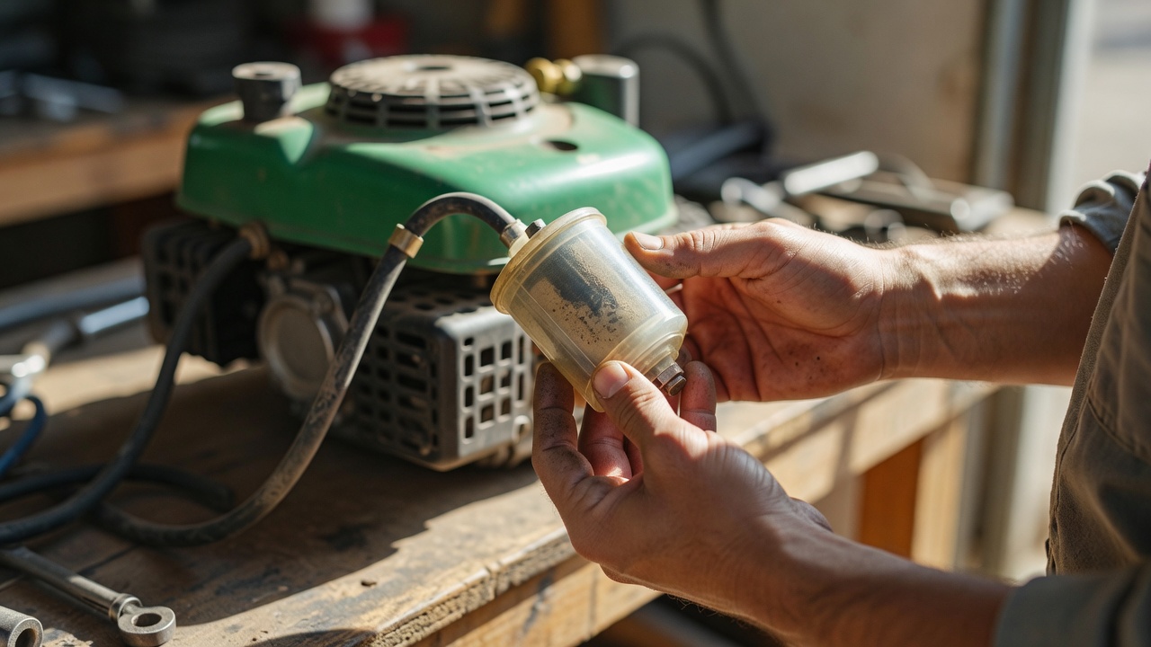 Hands inspecting a small inline fuel filter against daylight, with a lawn mower fuel system in the background.