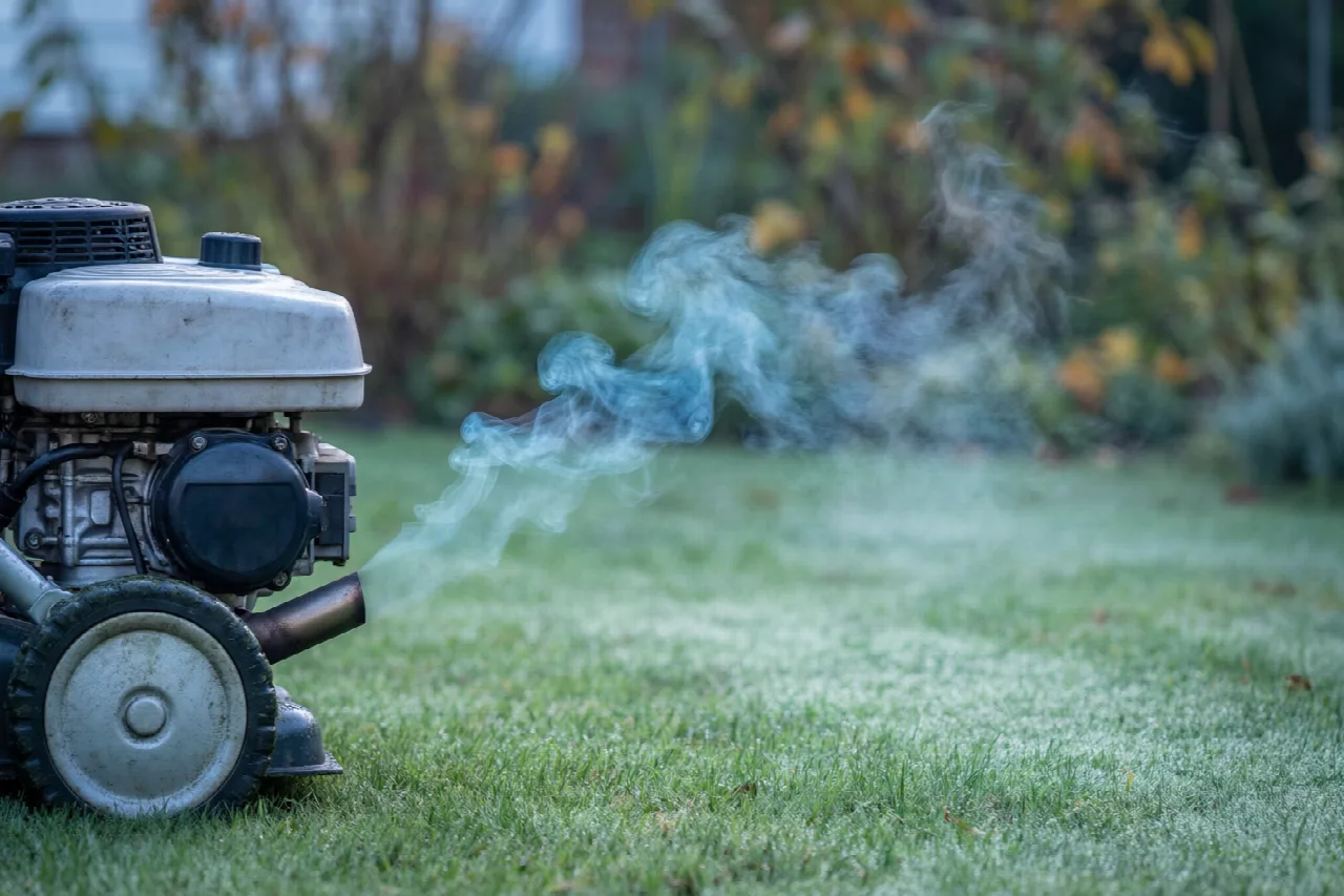 Lawn mower exhaust with a light wisp of white vapor clearing quickly.