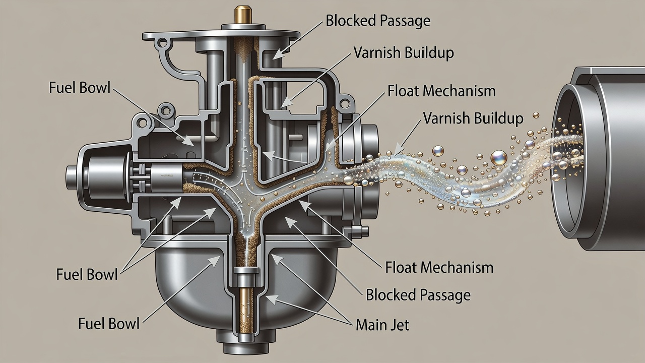 Carburetor cross-section illustrating fuel-passage blockage and lean mixture flow.