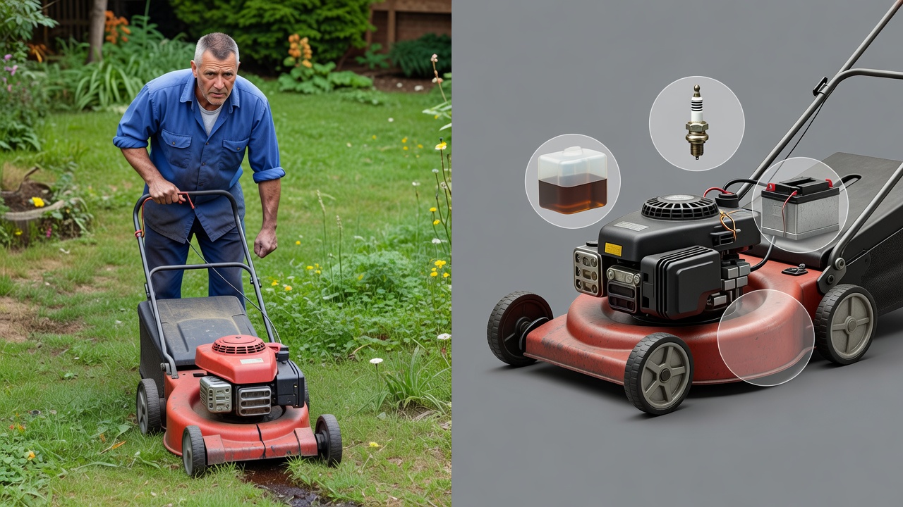 Conceptual image showing a frustrated person with a non-starting mower and a highlighted view of its key engine components.