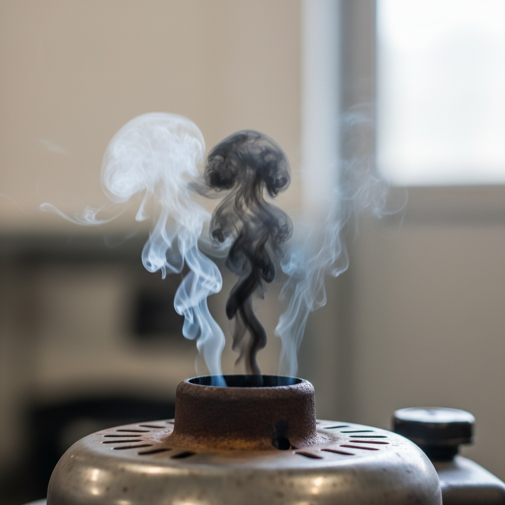 Understanding Lawn Mower Smoke: What the Color Means Close-up of a small engine exhaust with white-blue, black, and light gray wisps of smoke