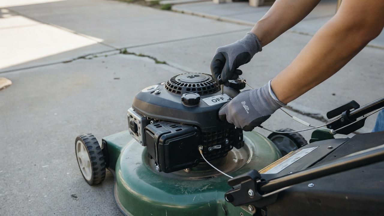 Why Is My Lawn Mower Smoking White? Hands shutting off a lawn mower ignition to stop the engine.