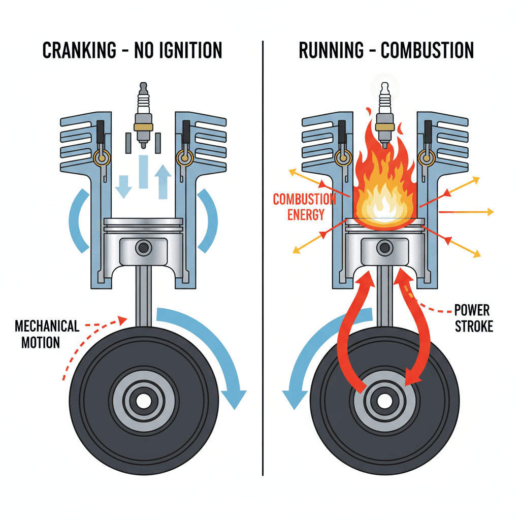 Understanding “Turning Over” vs. Starting Comparison diagram showing engine cranking without ignition versus engine running with combustion