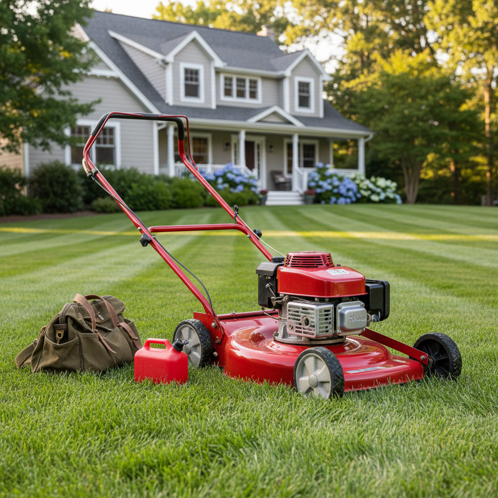 Red push lawn mower parked on a lawn with troubleshooting tools nearby