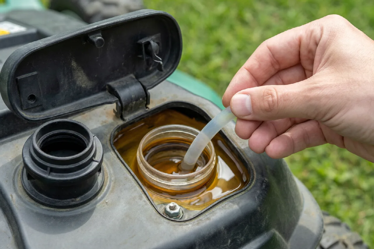 Open lawn mower fuel tank with fuel cap removed for inspection