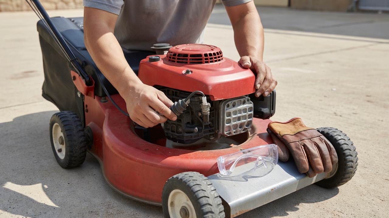 Person disconnecting spark plug wire from lawn mower for safety
