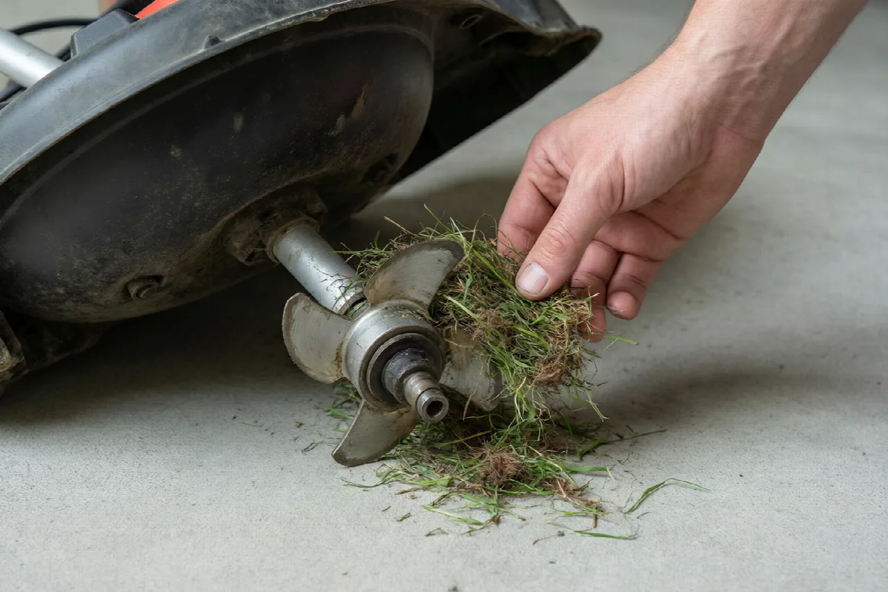Lawn mower tipped on its side with a hand clearing debris from the blade